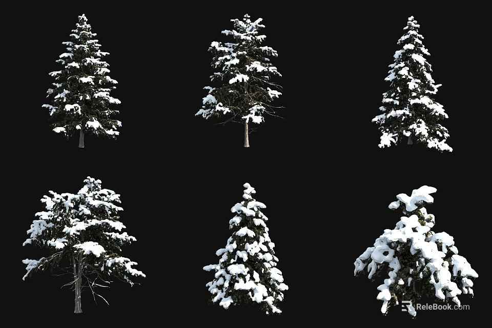 Snow Covered Arbor Trees with Different Shapes and Snowy Branches on Black Background 3d model 