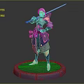 White Haired Female Warrior With Long Sword Blue Gold Armor In Combat Stance On Round Base