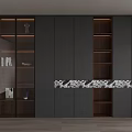 Modern Bookcase Design With Wooden Shelves Glass Display Doors And Gray Panels