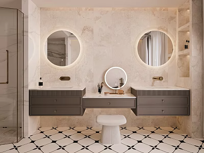Modern Bathroom With Double Backlit Round Mirrors Marble Walls Dual Vanities And Geometric Floor Tiles 3d model