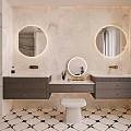 Modern Bathroom With Double Backlit Round Mirrors Marble Walls Dual Vanities And Geometric Floor Tiles