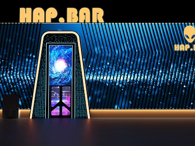 HAP.BAR Storefront Illuminated Sign Blue Striped Background Starry Effect Peace Sign Door Alien Logo 3d model