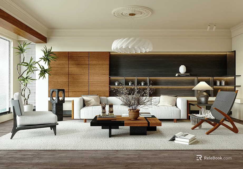 Modern Living Room Interior Design With Sofa Coffee Table Green Plants Rug And Wooden Shelves 3d model 