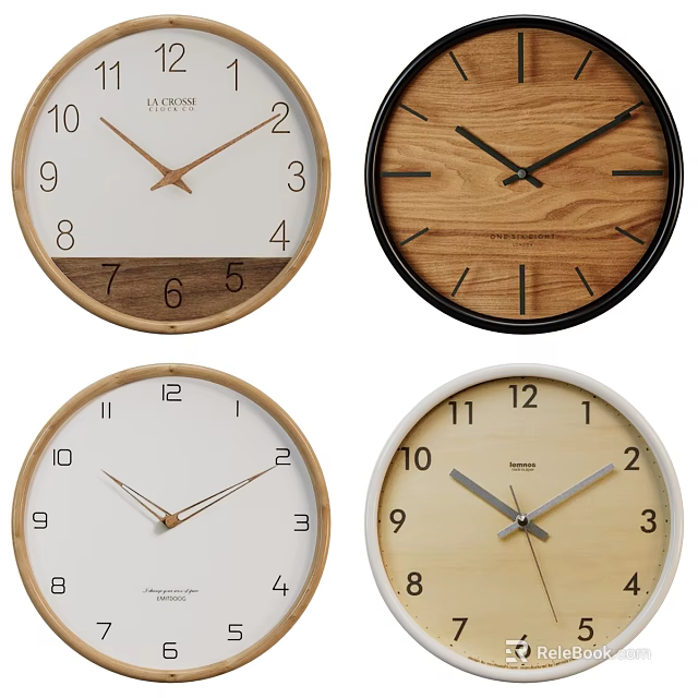 Four Modern Wall Clocks With Wooden White Dials And Black Minimalist Frames 3d model 