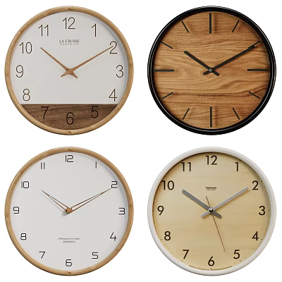 Four Modern Wall Clocks With Wooden White Dials And Black Minimalist Frames 3d model