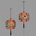 Chinese Style Square Frame Chandeliers With Patterned Panels And Red Tassels 3d model