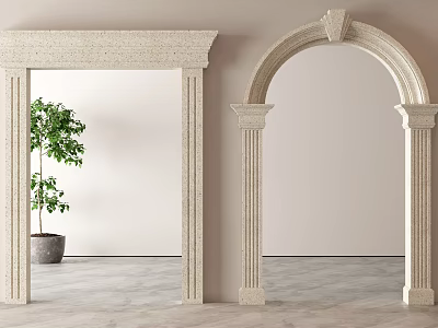 Classic Stone Door Arch Design With Ornate Columns And Potted Plant In Interior 3d model
