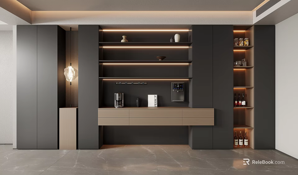 Modern Dark Gray Sideboard With LED Lighting Wine Rack And Layered Shelves 3d model 