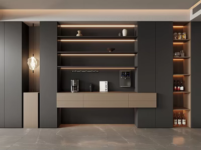 Modern Dark Gray Sideboard With LED Lighting Wine Rack And Layered Shelves 3d model
