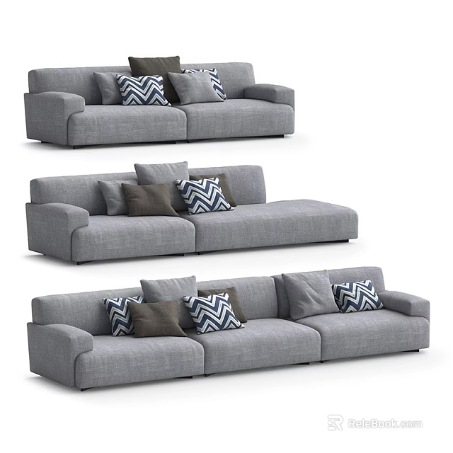 Gray Sofa Set With Brown And Blue White Geometric Pattern Cushions In Different Styles 3d model