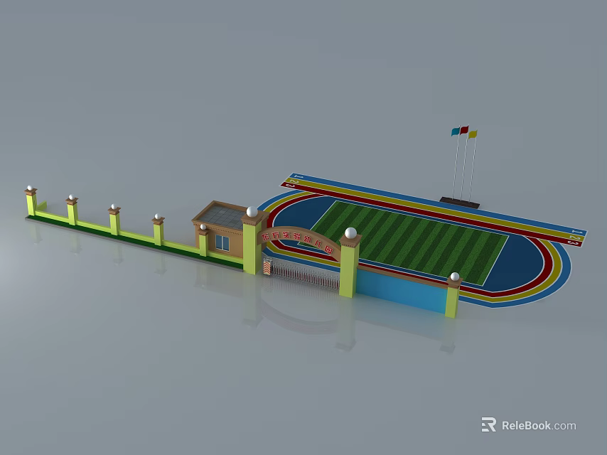 School Main Entrance Gate With Running Track Green Lawn Flagpoles And Lamp Posts 3d model 