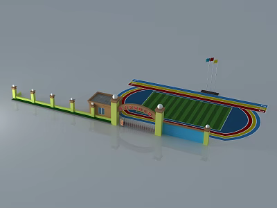 School Main Entrance Gate With Running Track Green Lawn Flagpoles And Lamp Posts 3d model