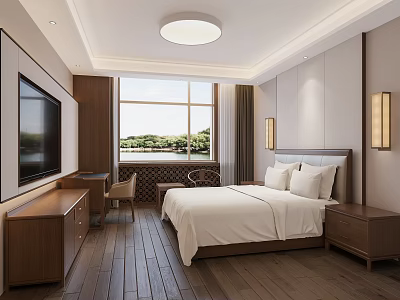 Hotel Guest Room With Large Bed White Bedding Wooden Furniture And Lake View Window 3d model