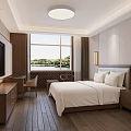 Hotel Guest Room With Large Bed White Bedding Wooden Furniture And Lake View Window