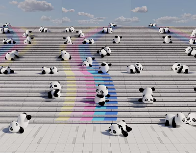 Colorful Striped Steps Adorned With Panda Dolls Photo Check In Spot 3d model
