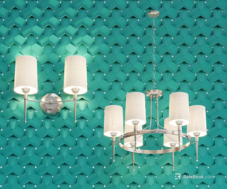 Modern Lighting Fixture Combination With Wall Sconces And Chandelier On Green Geometric Pattern Wall 3d model 