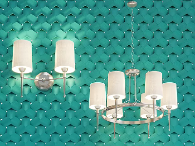 Modern Lighting Fixture Combination With Wall Sconces And Chandelier On Green Geometric Pattern Wall 3d model