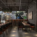 Industrial Restaurant Interior With Stone Wall Pendant Lights Wooden Tables Chairs Staircase And Plants