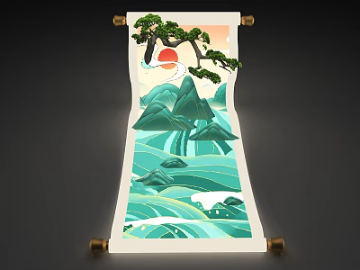 Traditional Chinese Scroll Painting With Pine Tree Red Sun Green Mountains And Flowing Water 3d model