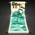 Traditional Chinese Scroll Painting With Pine Tree Red Sun Green Mountains And Flowing Water