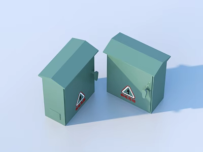 Two Green Industrial Equipment Enclosures With Warning Signs And Secure Locks 3d model