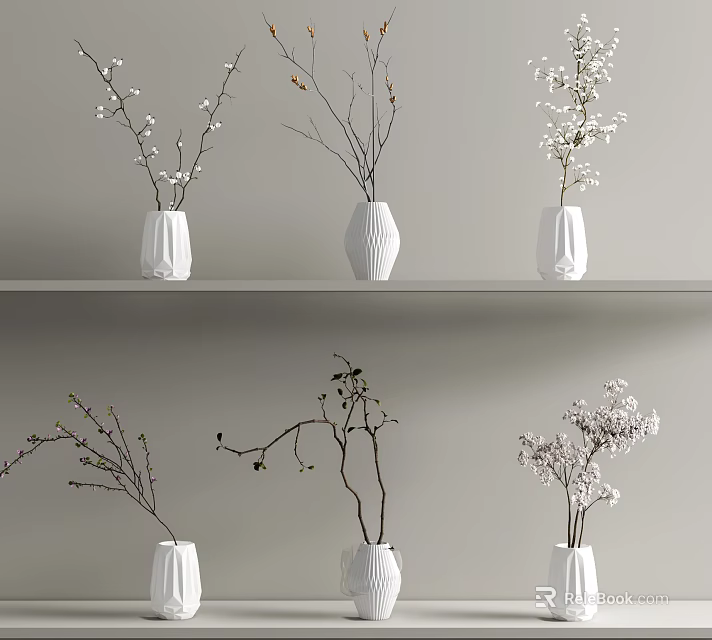 White Vases With Various Flowers And Branches On Two Level Gray Shelves 3d model 