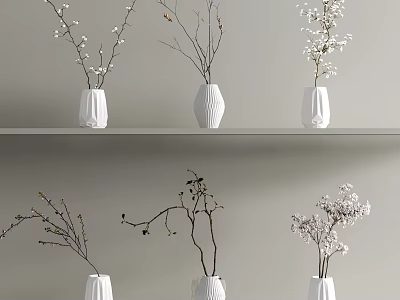 White Vases With Various Flowers And Branches On Two Level Gray Shelves 3d model