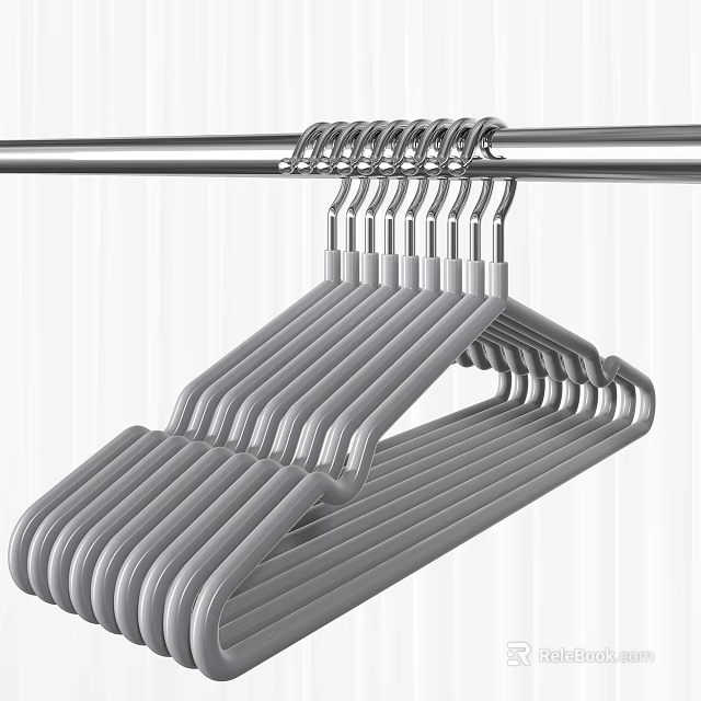 Grey Metal Hangers Neatly Hanging On Rod For Clothing Organization 3d model 