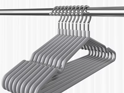 Grey Metal Hangers Neatly Hanging On Rod For Clothing Organization 3d model