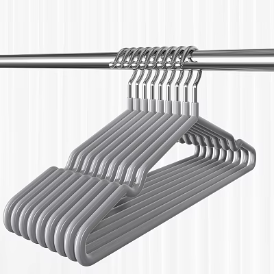 Grey Metal Hangers Neatly Hanging On Rod For Clothing Organization 3d model