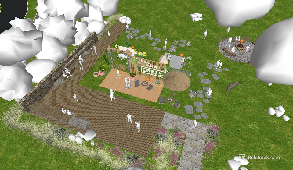 Scenic Campsite With Green Grass Wooden Platform Campfire And People Gathering 3d model 