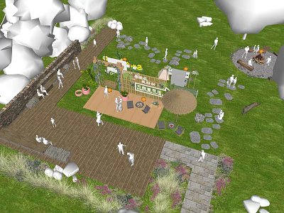 Scenic Campsite With Green Grass Wooden Platform Campfire And People Gathering 3d model