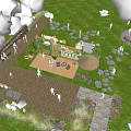 Scenic Campsite With Green Grass Wooden Platform Campfire And People Gathering