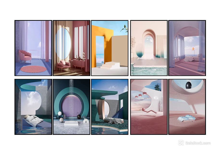 Elegant Modern Landscape Paintings With Pastel Colors Arched Doorways And Soft Lighting 3d model 