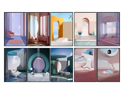 Elegant Modern Landscape Paintings With Pastel Colors Arched Doorways And Soft Lighting 3d model