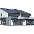 Modern Detached House Exterior With Dark Roof Balcony And Large Windows