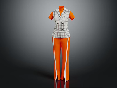 Gray White Plaid Vest With Black Buttons Orange Sleeves And Orange Pants White Stripes 3d model