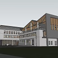 Modern Office Building With Contemporary Architectural Design Glass Facade Unique Roof Structure And Exterior Lighting