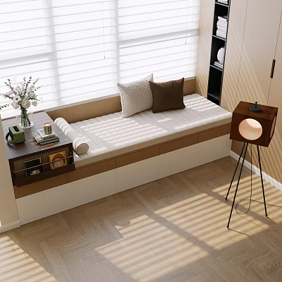 Modern Bay Window Seat With Blinds Pillows Vase Flowers Books Floor Lamp And Sunlight 3d model