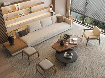 Light Colored Sofa and Wooden Coffee Table Set with Stools Rug and Natural Light 3d model