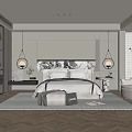 Modern Bedroom Design With King Bed Decorative Painting Pendant Lights White Armchair And Geometric Rug