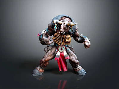 Mythical Minotaur Warrior Character With Armored Body Feathered Decor And Red Cloth 3d model