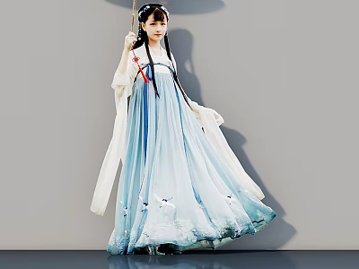 Woman Wearing Blue Hanfu With Crane Patterns Holding Umbrella And Flowing Sleeves 3d model