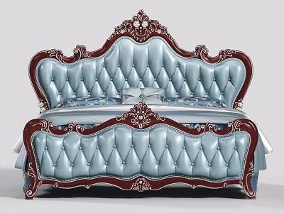 Luxurious European Style Double Bed With Light Blue Leather Headboard And Carved Wooden Frame 3d model