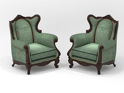 Green Upholstered Armchairs with Dark Wood Carved Frame and Traditional Design 3d model