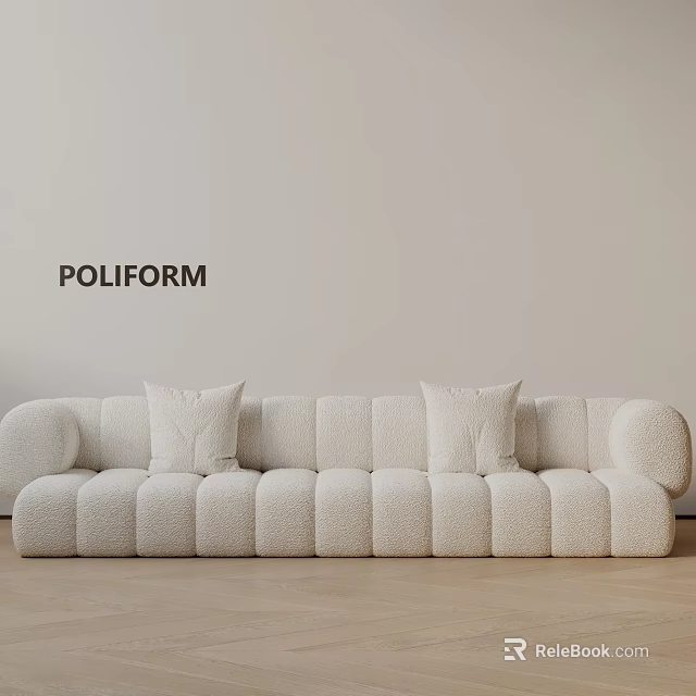POLIFORM Beige Three Seater Sofa With Curved Design Accent Pillows Light Wall Wooden Floor 3d model 