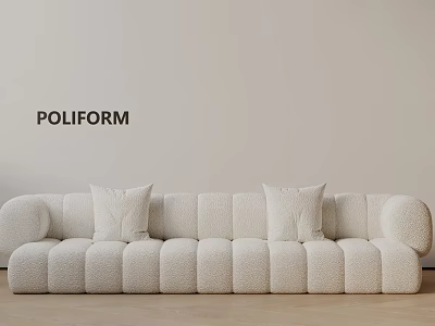 POLIFORM Beige Three Seater Sofa With Curved Design Accent Pillows Light Wall Wooden Floor 3d model