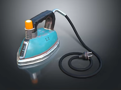 Blue Electric Iron With Black Handle Orange Button And Coiled Power Cord 3d model