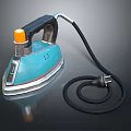 Blue Electric Iron With Black Handle Orange Button And Coiled Power Cord