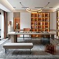Modern Study Room Interior With Large Windows Wooden Bookshelves Spacious Desk Chair And Pendant Lights